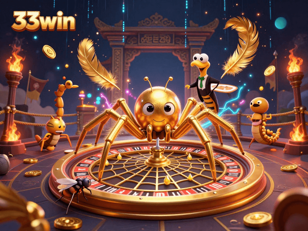33win casino illustration featuring a spider and centipede in an exciting roulette scene.