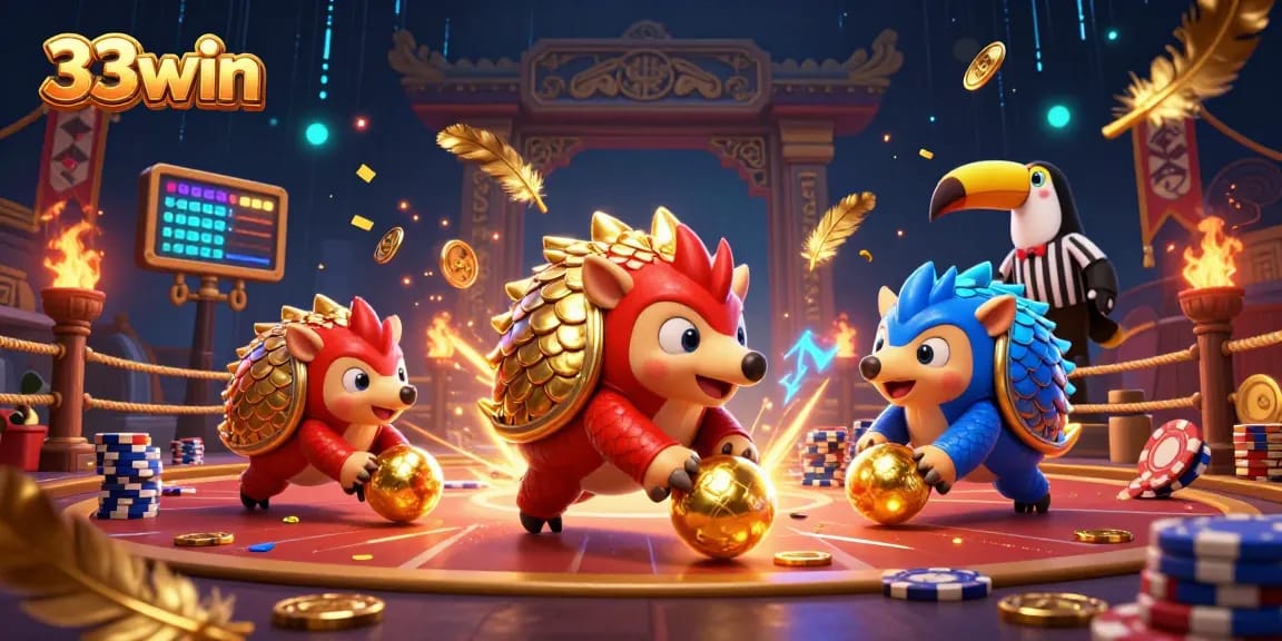 33win captures excitement as rival pangolins compete in a vibrant casino scene.