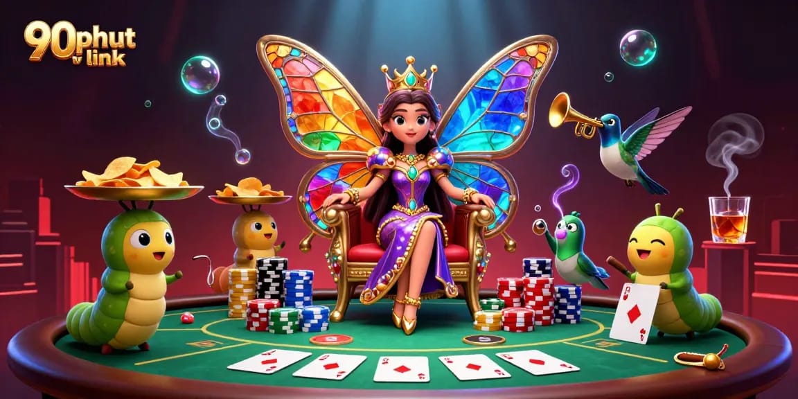 Engage with the thrilling world of gambling through the vibrant 90phut tv link scene featuring the butterfly queen in a casino setting.