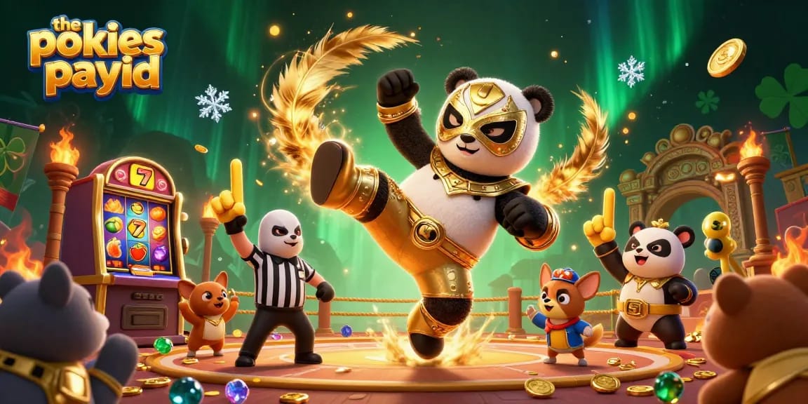 Engage with the pokies payid in a lively scene with a wrestling panda and playful animal spectators.