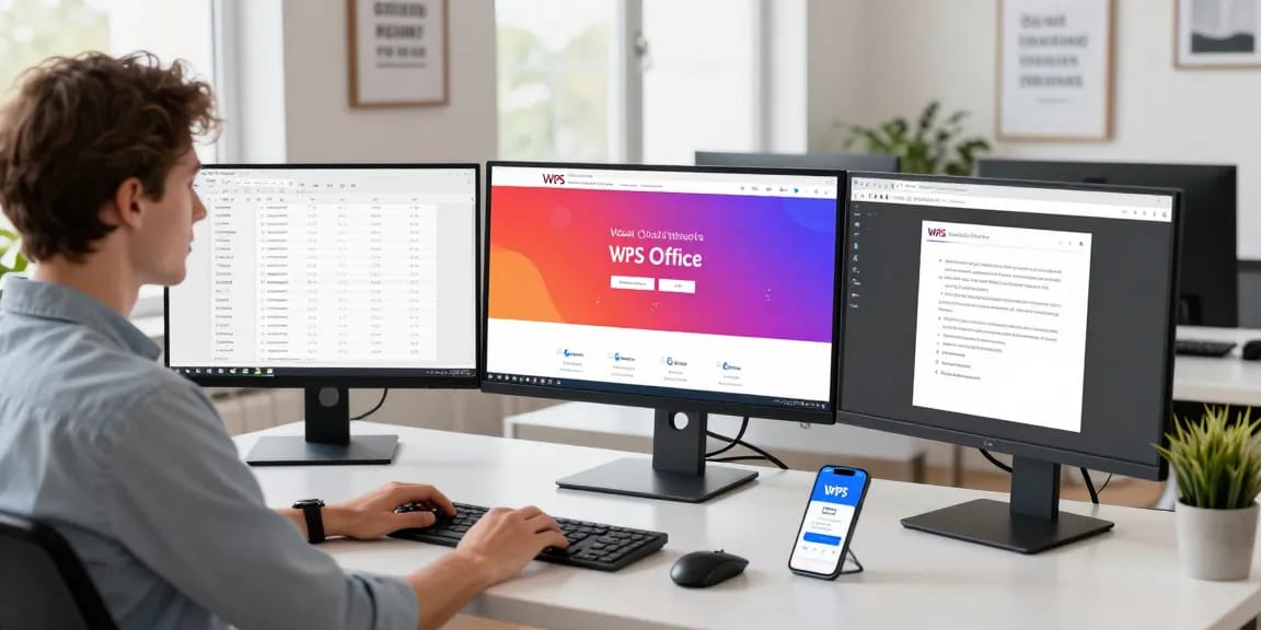 Workspace with professional using WPS Official Website on multiple monitors for productivity.