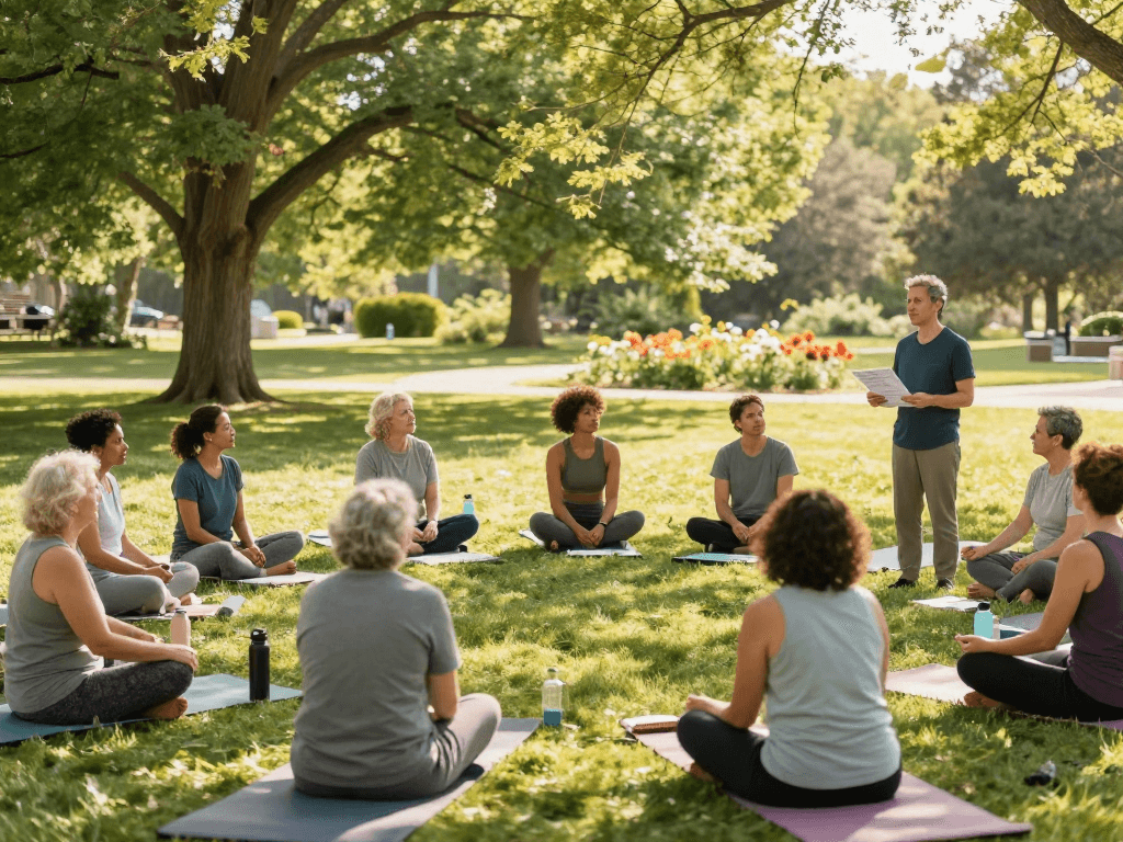 Engaged group at ROKOK88 login wellness workshop, diverse participants learning mental health strategies outdoors.
