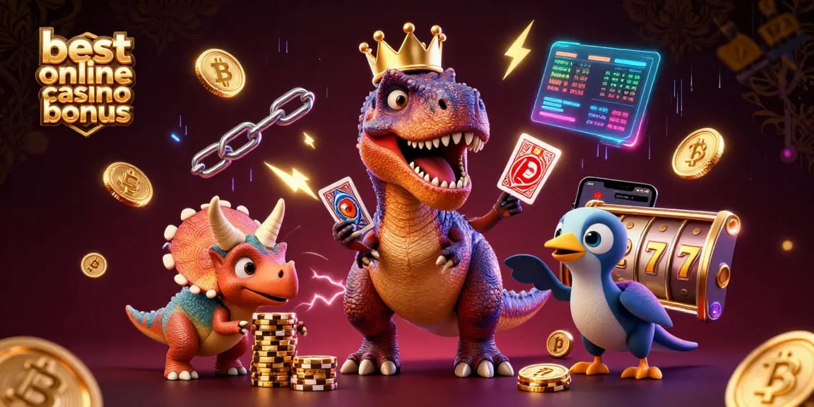 Engage with the best online casino bonus while a friendly dinosaur shuffles cards amidst vibrant cryptocurrencies.