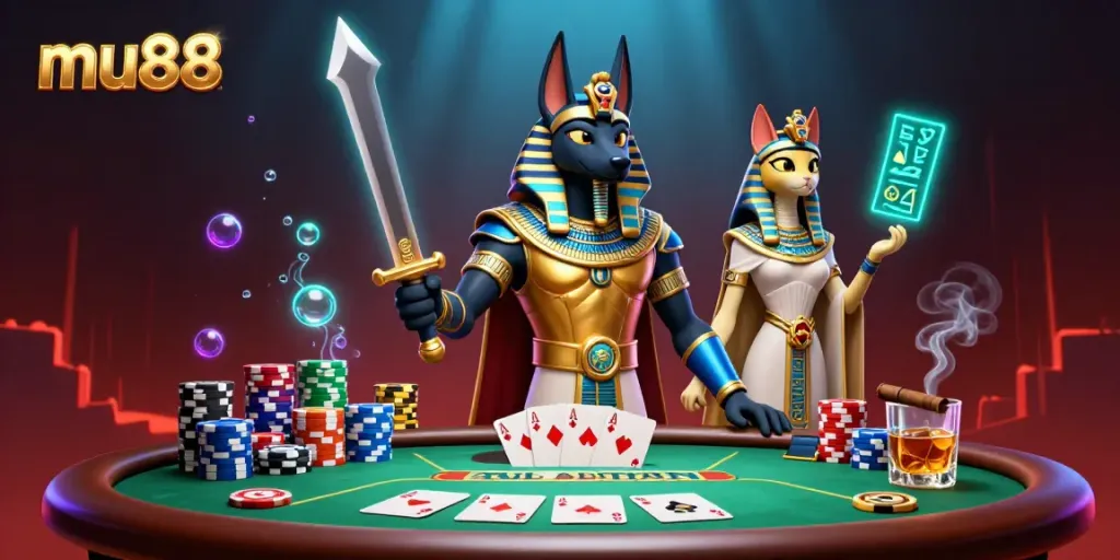 Experience thrilling poker action at mu88 with Anubis and Bastet in a vibrant, glowing 3D scene.