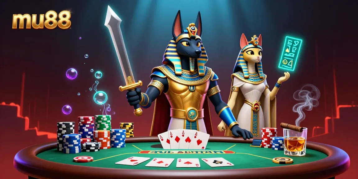 Experience thrilling poker action at mu88 with Anubis and Bastet in a vibrant, glowing 3D scene.