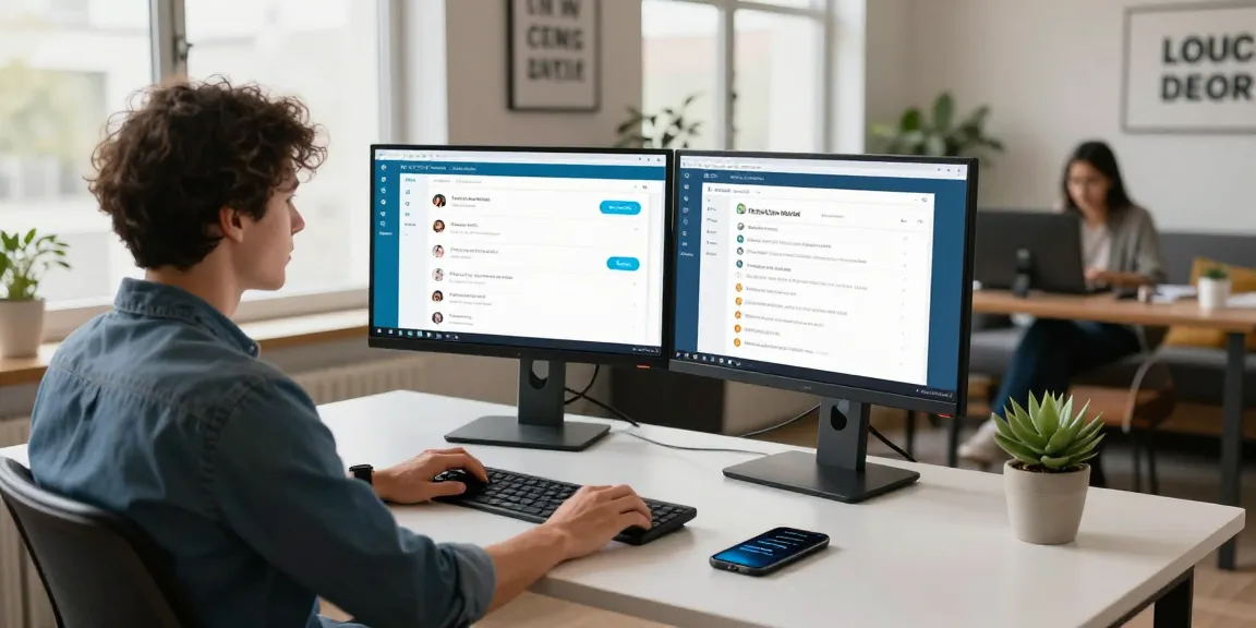 Developer using Telegram Web Version on dual monitors in a modern tech workspace.