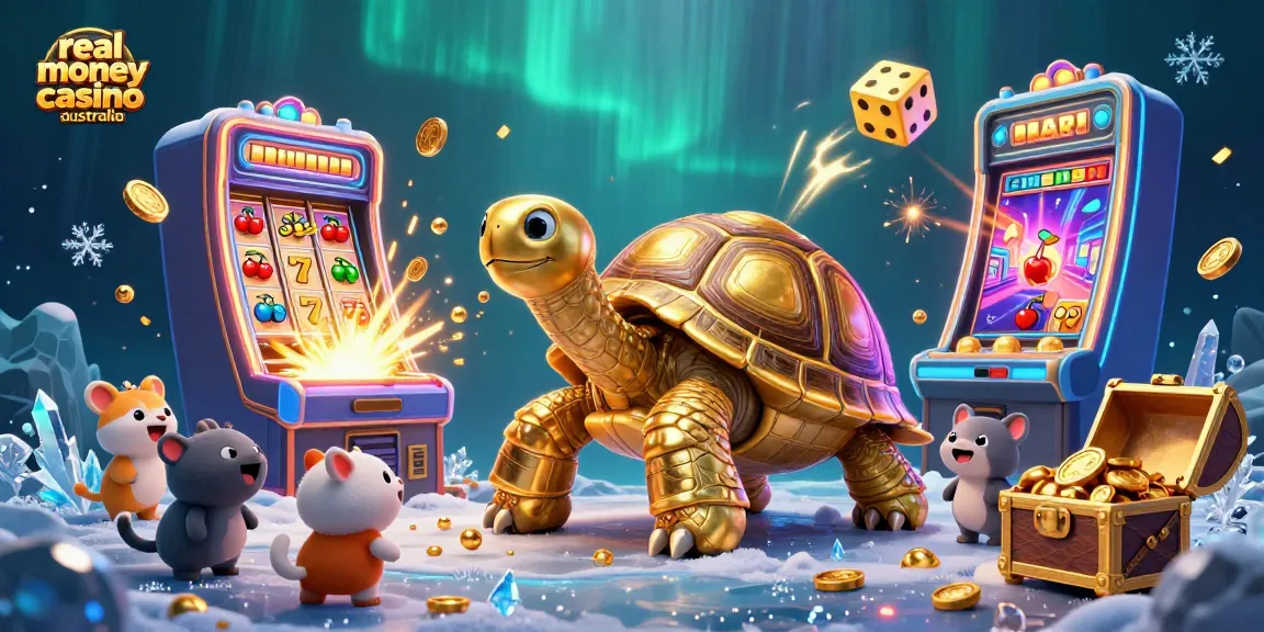 Experience real money casino Australia excitement with a golden tortoise pinball machine scene filled with jackpots and fun.