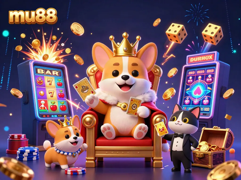 Engage in fun mu88 gaming with a royal corgi character surrounded by casino elements.