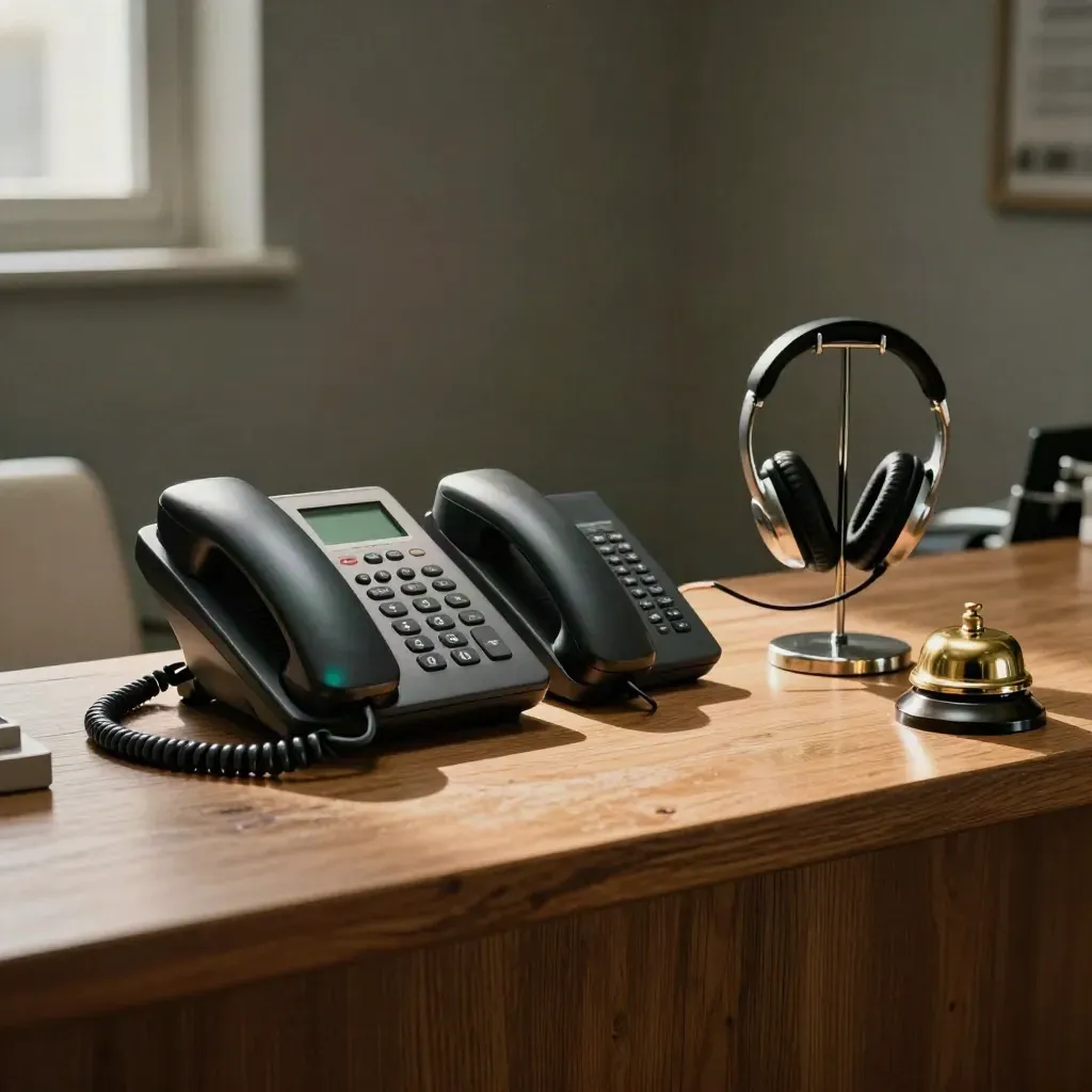 Tom receptionsdisk med två telefoner, headsetställ och ringklocka i varm klinikmiljö.