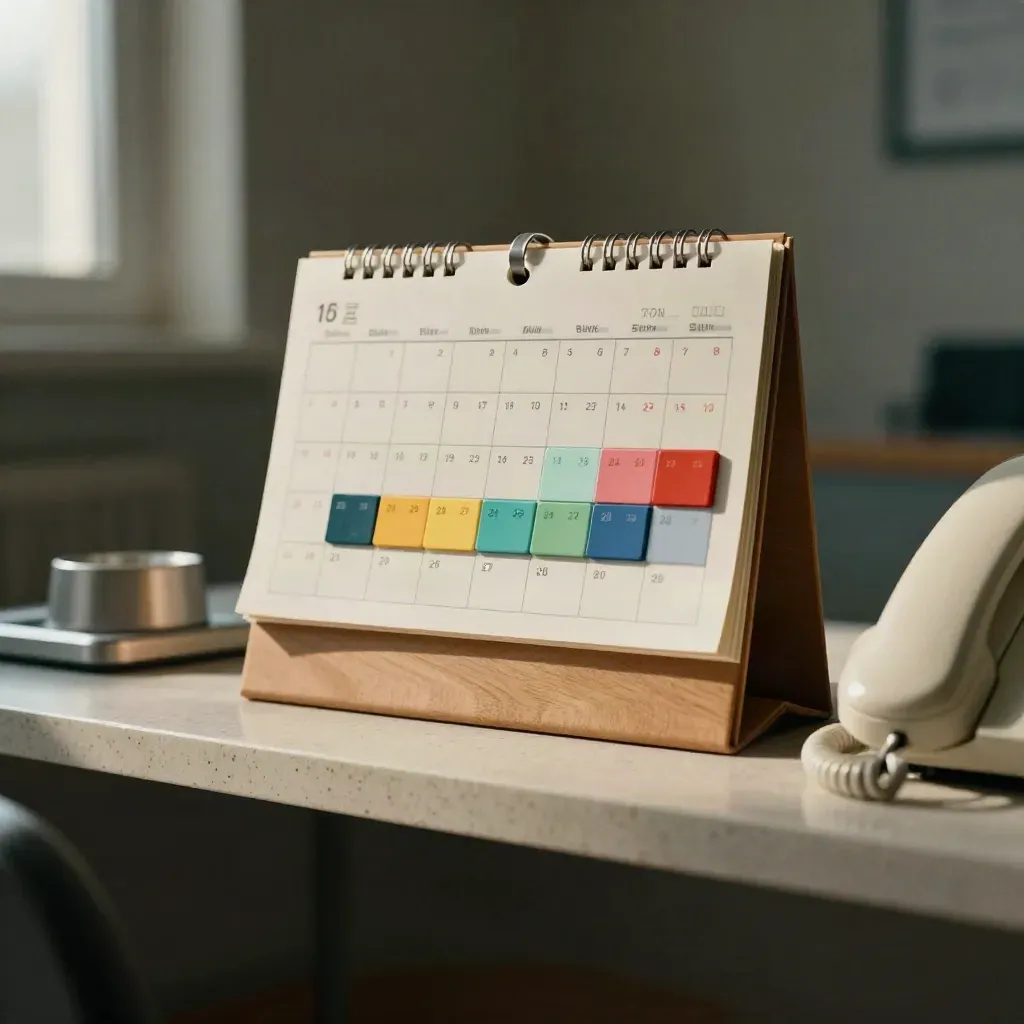 Magnetblock, stängd kalender och telefonlur på en travertinhylla i klinikmiljö.