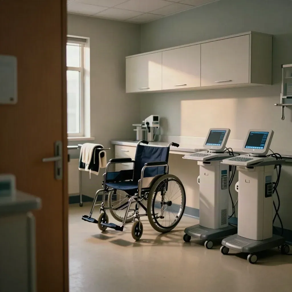 Tomt undersökningsrum med rullstol, provvagn och laddade arbetsstationer i varmt ljus.