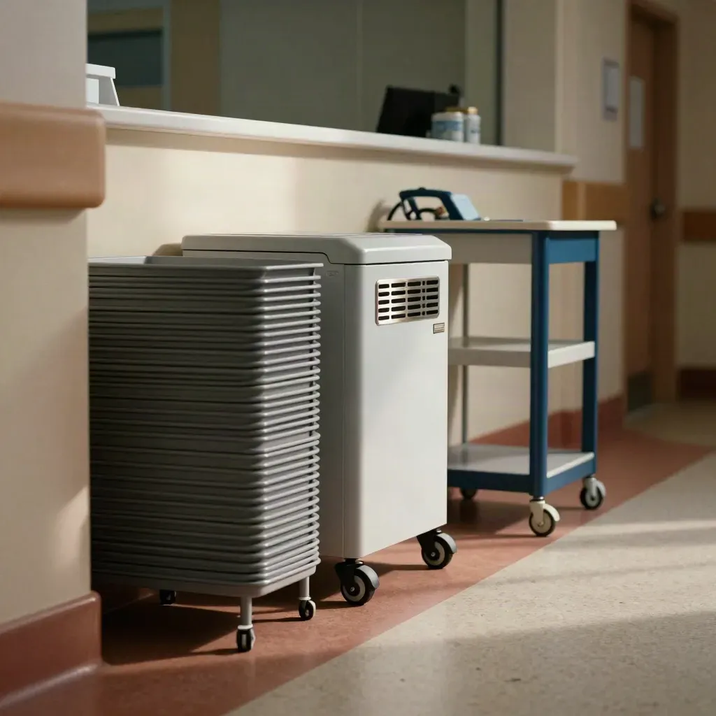 Låg receptionsvy med servicevagn, tråg och kabelkanaler i lugn klinikmiljö.