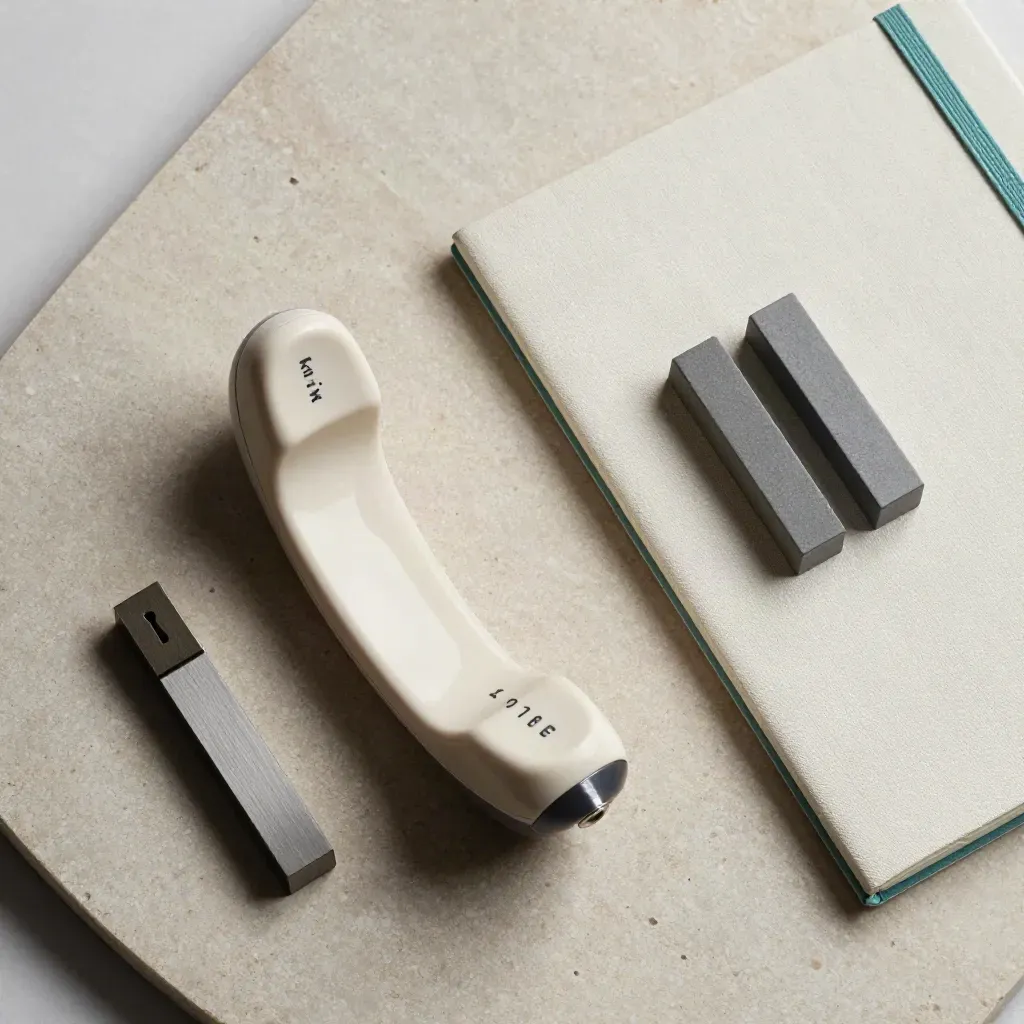 Telefonslur, stängd anteckningsbok och två neutrala brickor på ljus sten i top-down flatlay.
