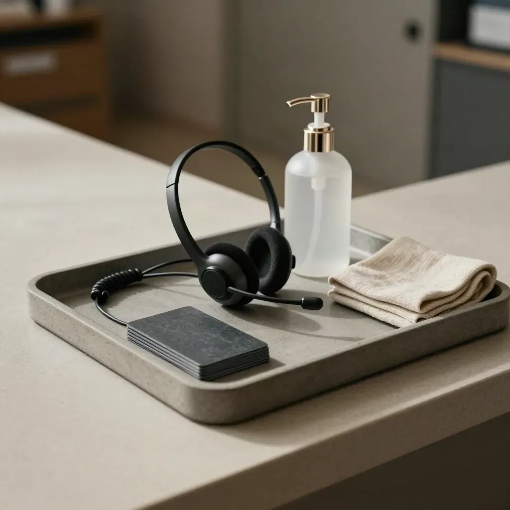 Receptionstray med headsetdocka, sanitetspump och passerkort på sten, mjukt kliniskt ljus.