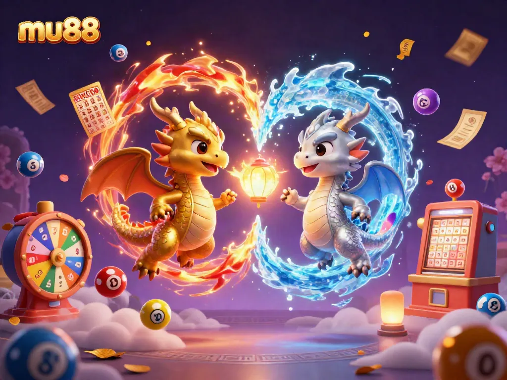 Experience thrilling gameplay with mu88, featuring dragons and dynamic lottery elements in a vibrant casino scene.
