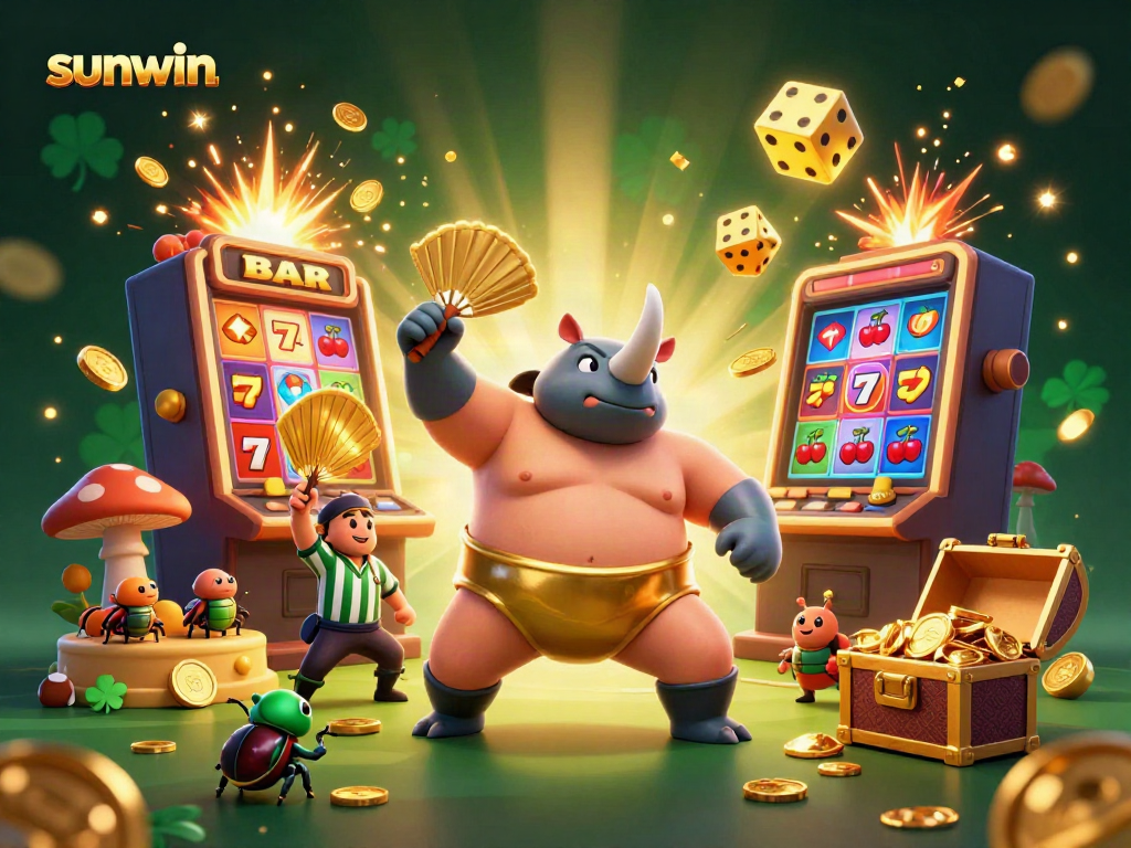 Experience the excitement of sunwin as the beetle champion celebrates a jackpot explosion amidst dynamic casino elements.