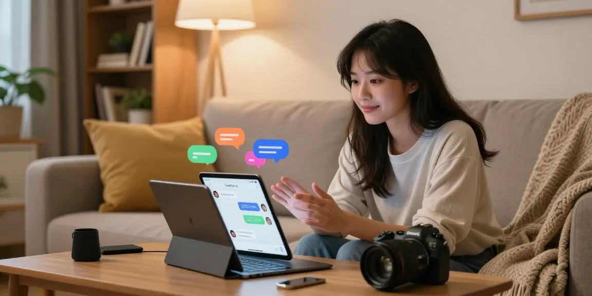 Engaging scene of a woman using Crush on AI on a tablet in a cozy environment