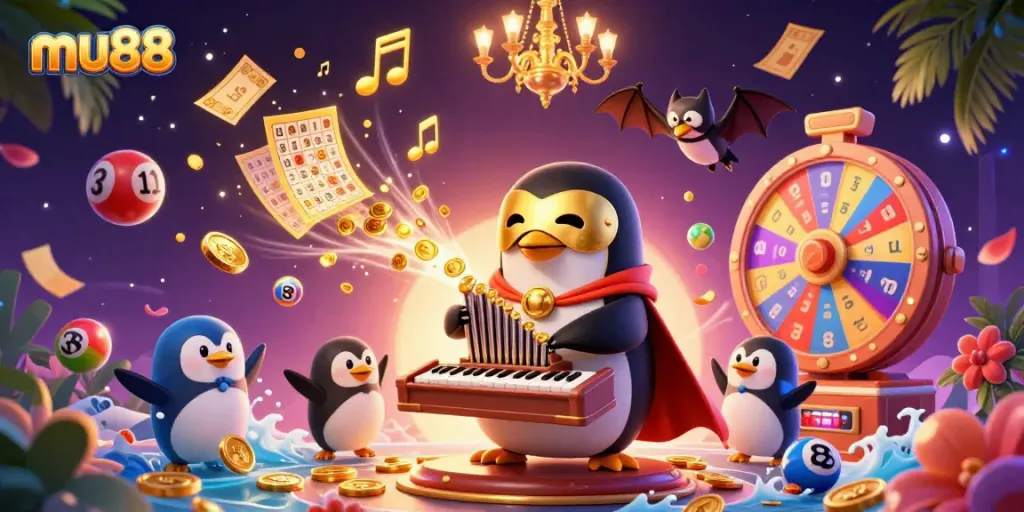 Engage in thrilling games at mu88 with a lively scene of vibrantly floating lottery elements and a charming penguin.