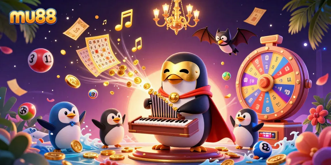 Engage in thrilling games at mu88 with a lively scene of vibrantly floating lottery elements and a charming penguin.