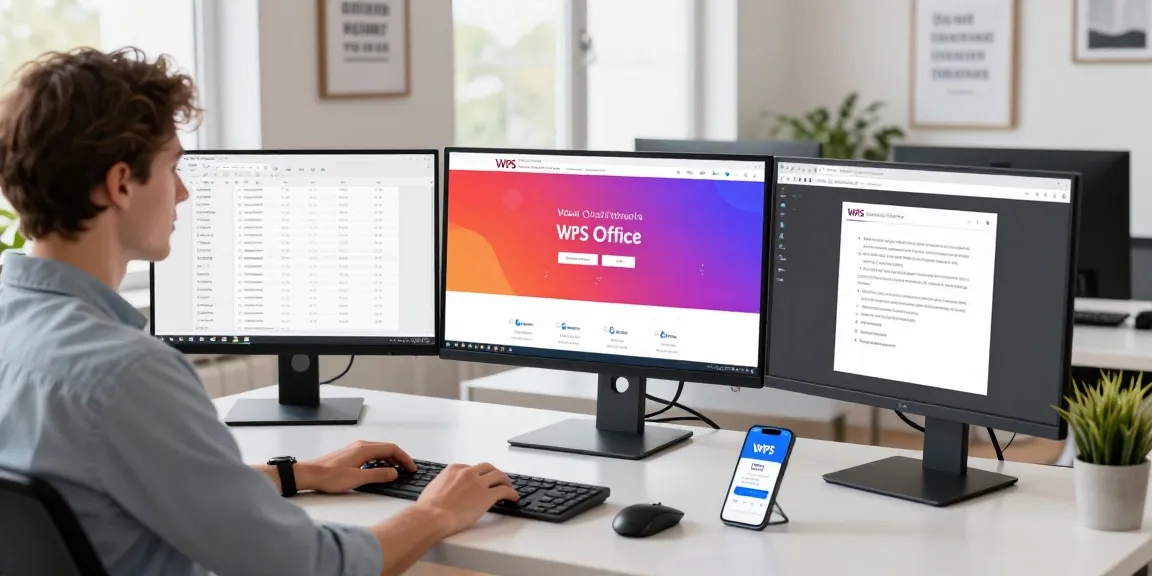 Workspace with professional using WPS Official Website on multiple monitors for productivity.