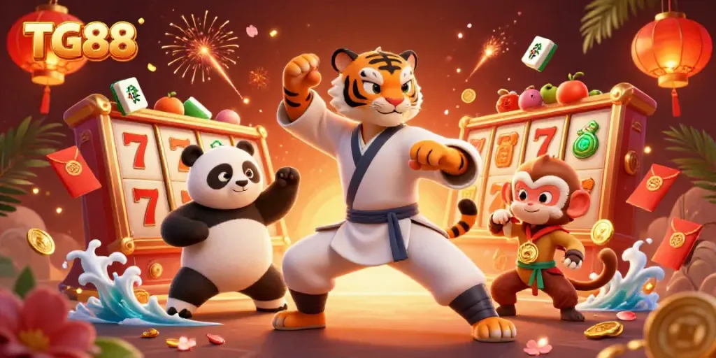 Engage with TG88's vibrant casino atmosphere featuring a kung fu tiger and playful characters showcasing thrilling gameplay.