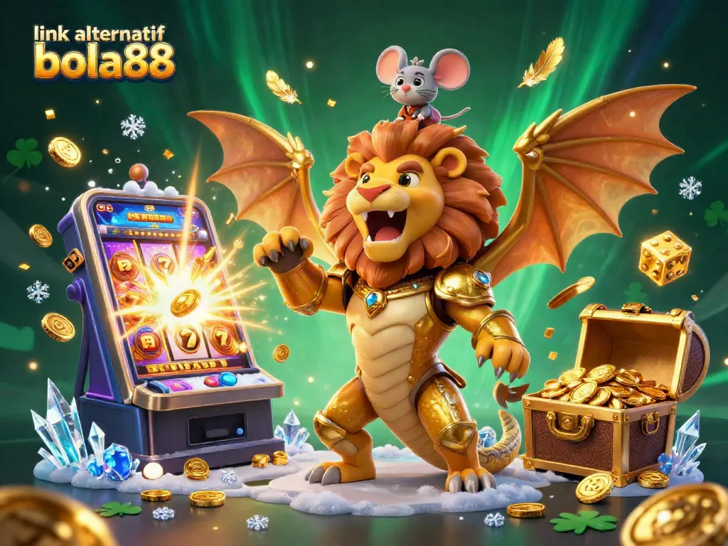 Bet on link alternatif bola88 with a triumphant chimera and jackpots in a vibrant casino scene