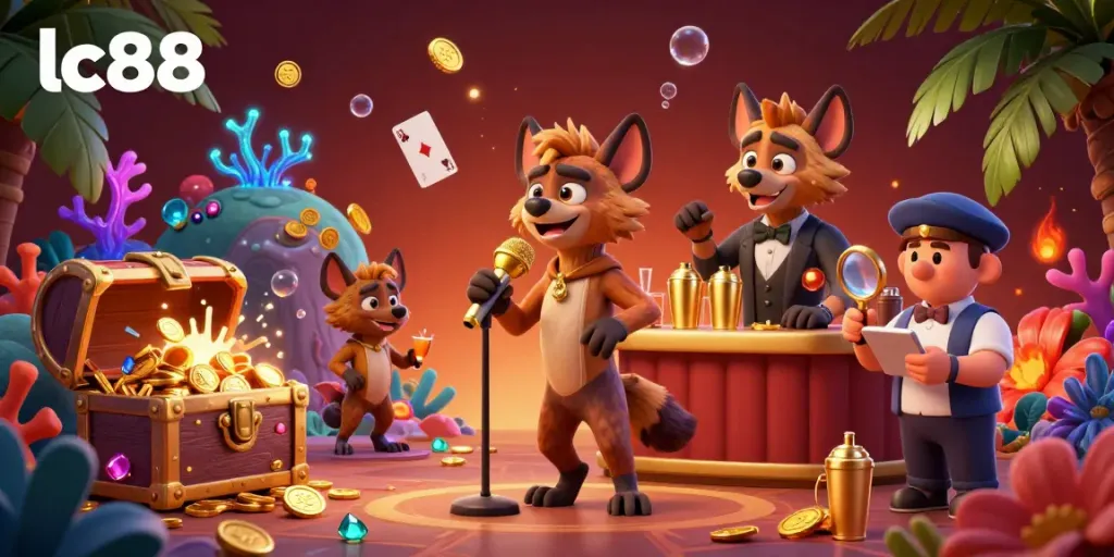 Hyenas entertain in a lively casino scene at lc88, with vibrant gaming elements, showcasing a fun atmosphere.